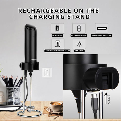 Rechargeable Handheld Electric Milk Frother with USB C Charging Stand, Powerful Whisk for Coffee, Hot Chocolate, Frappe