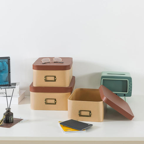 Soul & Lane Kraft Decorative Boxes - Set of 3, Cardboard with Light Leather Lids, Bronze Label Holders for Home Decor