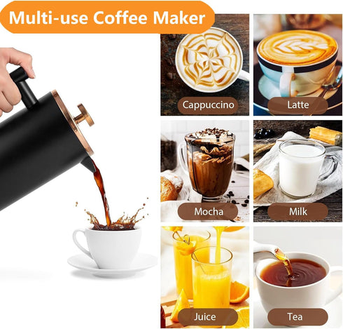 Black French Press 34oz, Double Wall Insulated Coffee Maker with 2 Extra Filters and Spoon
