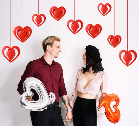 15 Pieces Valentine's Day 3D Heart Hanging Decorations - Red Hearts Hanging Ornaments with Ribbons for Party Supplies