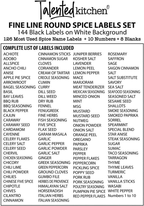 Talented Kitchen 144 Spice Labels Stickers - Preprinted White Spice Jar Labels for Organization, Water Resistant