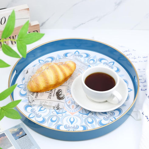 13 Round Blue Decorative Tray for Coffee Table, Ottoman, Plastic Serving Platter Tray with Handles for Entertaining