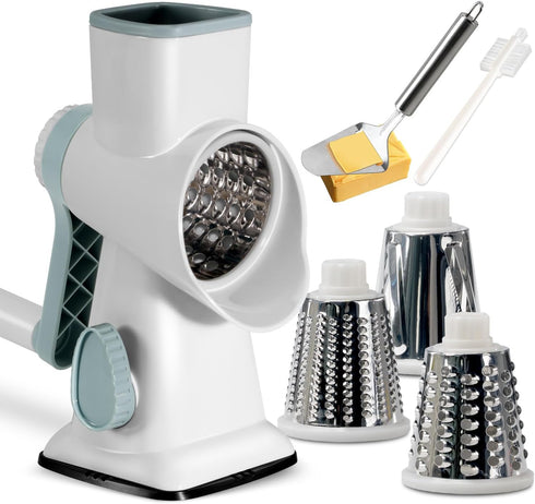 KEOUKE Rotary Cheese Grater with Handle, Vegetable Cheese Shredder Slicer for Kitchen, 3 Changeable Blades