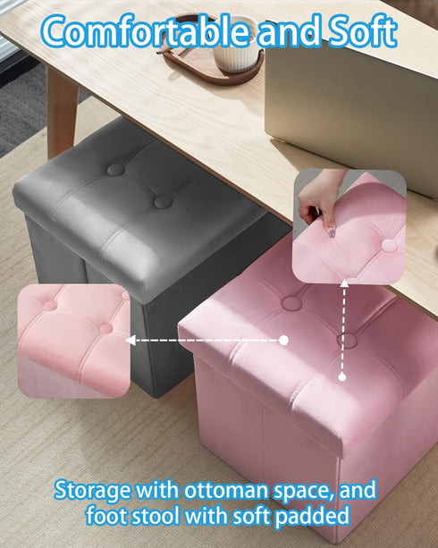 17 inches Storage Ottoman Foot Stool, Folding Ottoman with Storages, Velvet Storage Bench with Side Pocket, Foot Rest