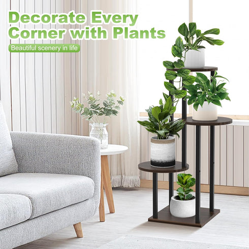 YOCOMEY 4 Tier Wood Tall Plant Stand Metal Rack Indoor, Multiple Flower Pot Holder Shelves Corner Rack, Round Planter