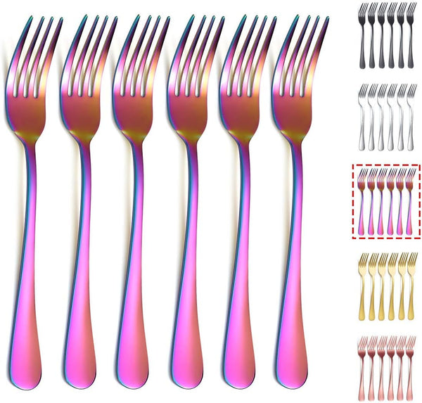 Kyraton 6 Pieces Rainbow Dinner Fork Set - Stainless Steel 8.17 Inch Colorful Titanium Plating Silverware