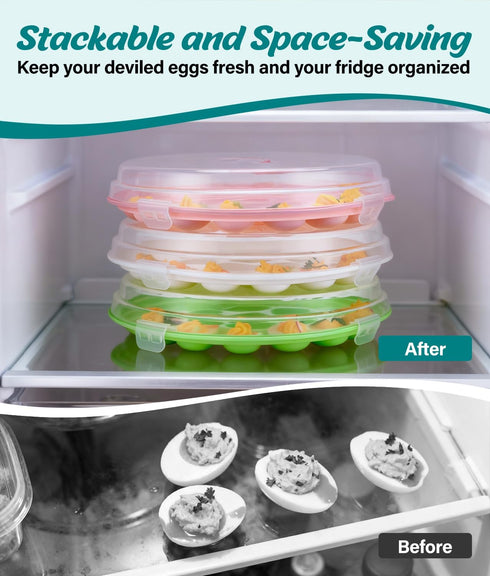 3 Pack 66-Slot Deviled Egg Container with Lid, Stackable Deviled Egg Platter with Handle, Egg Carrier Tray for Fridge