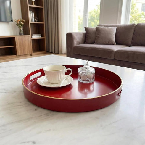13" Round Decorative Tray, Red Serving Tray with Handles, Plastic Coffee Table Tray for Ottoman, Living Room, Bathroom