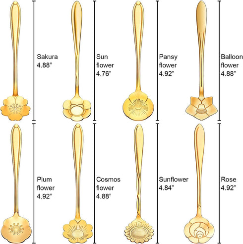 Chengu 8 Pieces Flower Coffee Tea Spoons Stainless Steel Sugar Spoons Set, 8 Different Patterns (Gold)