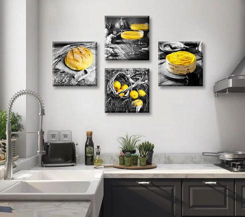 DJSYLIFE Kitchen Wall Decor, Black and White Yellow Canvas Print for Cafe Dining Room Decoration