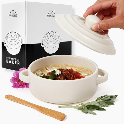 CYPRESS SUNRISE Brie Baker with Lid and Spreader - White Ceramic Baking Dish for
