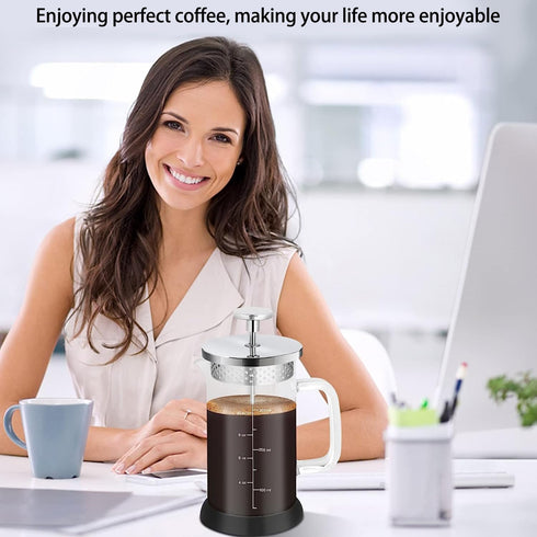 Mini French Press Coffee Maker, 12 oz / 350 ml, 304 Stainless Steel Grilles, Borosilicate Glass, 2 Filter Screens,