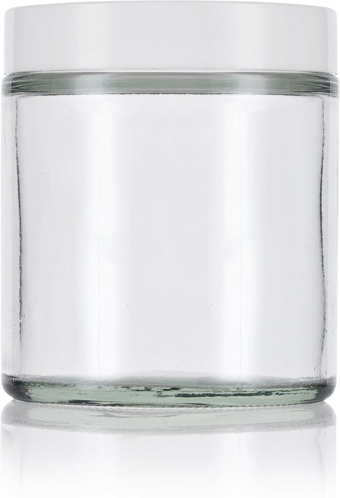 4 oz / 120 ml Clear Thick Glass Straight Sided with White Smooth Lid, 12 pack + Small Glass Balm Jar