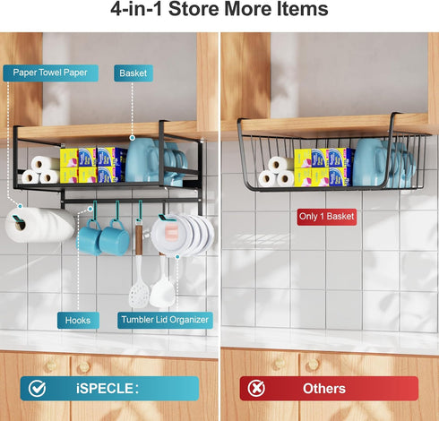 iSPECLE Under Shelf Basket- Multi-Purpose Under Shelf Storage Mug Hooks, Add Extra Storage Space Under Cabinet