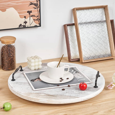 Wooden Lazy Susan, 18 Inch Large Turntable Organizer, Whitewashed Wood Serving Tray for Kitchen Essentials Storage