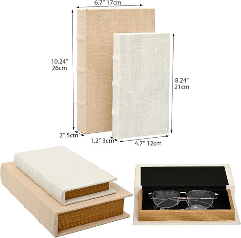 DECOR4SEASON Set 2, Decorative Faux Book Storage Boxes of Linen Fabric Textured Books, Off White, Modern Minimalist