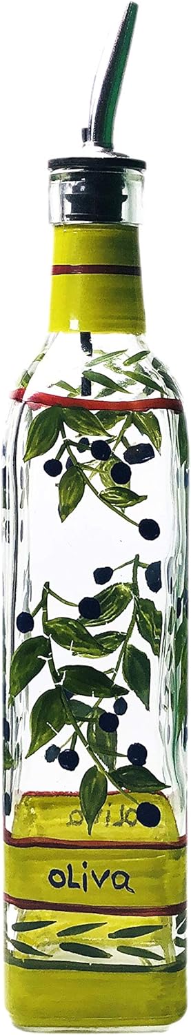 Hand Painted Glass Oliva Branch Oil/Vinegar Glass Cruet for Kitchen, 16 oz