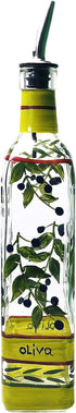 Hand Painted Glass Oliva Branch Oil/Vinegar Glass Cruet for Kitchen, 16 oz