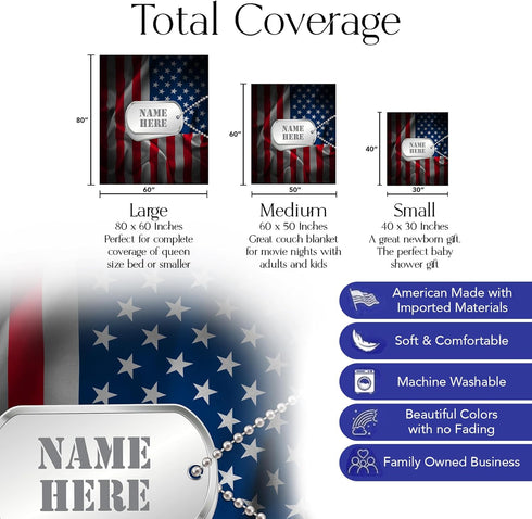 Cozy, 30x40) Ships Next Day, Made in USA - Personalized American Flag, Dog Tags Fleece Blanket Custom Name Throw Warm