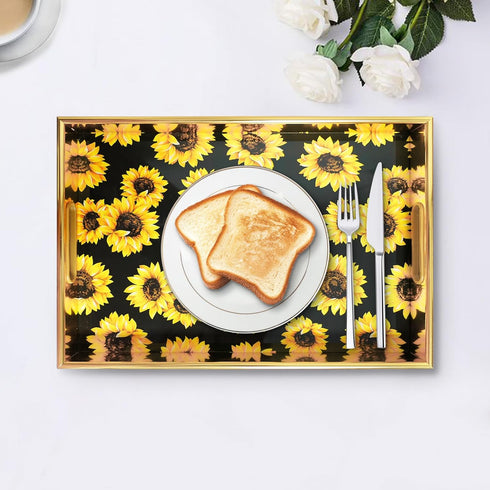 Set 2, Sunflower Gold Decorative Tray of Plastic Serving Tray with Handles, Rectangular Coffee Table Tray, Nesting