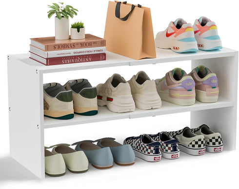 White Shoe Rack Organizer for Closet, 2-Tier Expandable Shoe Shelf, Stackable Iron