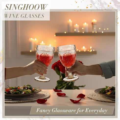 Singhoow 6 10 oz Pcs Goblet Glasses Wine Glasses, Drinking Glasses Colored Retro Embossed Water Goblets For Wine Juice