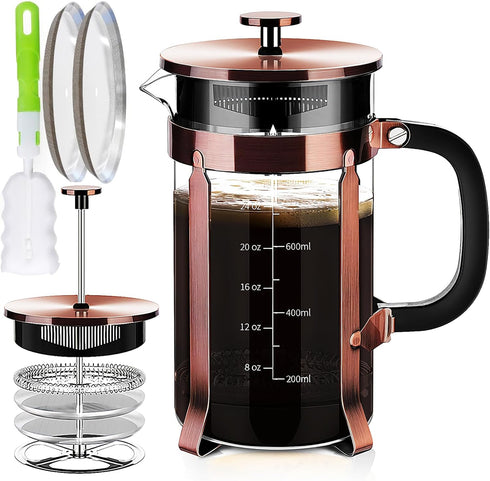 French Press Coffee Maker, 304 Stainless Steel, 4 Filters, Borosilicate Glass, BPA-Free, 21 Ounce
