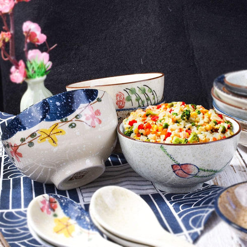 Japanese Retro Style Rice Bowl Set of 4 Porcelain Small Bowls for Cereal, Soup, Dessert, Snack