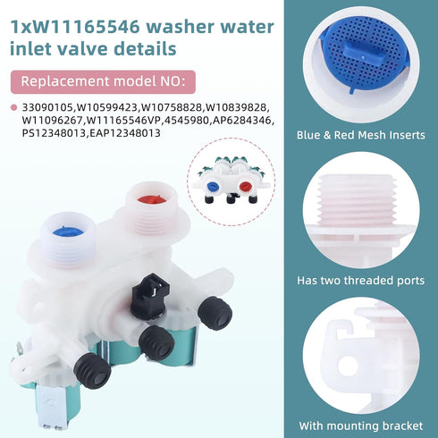 AMI PARTS W11165546 W11096267 Washer Water Inlet Valve Replacement for Maytag Whirlpool Kenmore Washing Machines