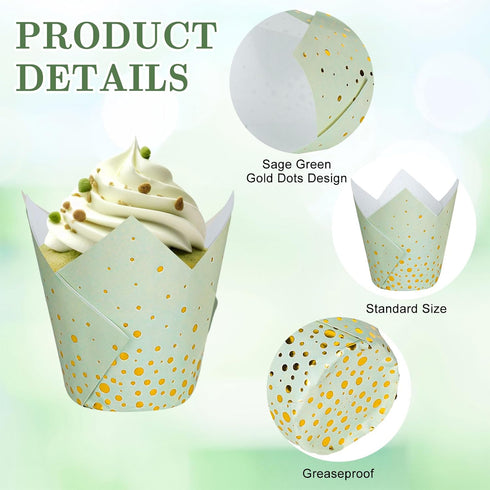 Whaline 200Pcs Sage Green Gold Dots Tulip Cupcake Liners, Greaseproof Muffin Baking Liners for Party Decor