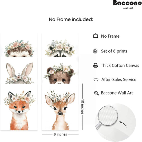 Baccone 8x10x6 Inch Woodland Animal Nursery Wall Art Decor Baby Girl Room Pictures Floral Crown Animal Canvas Wall Art