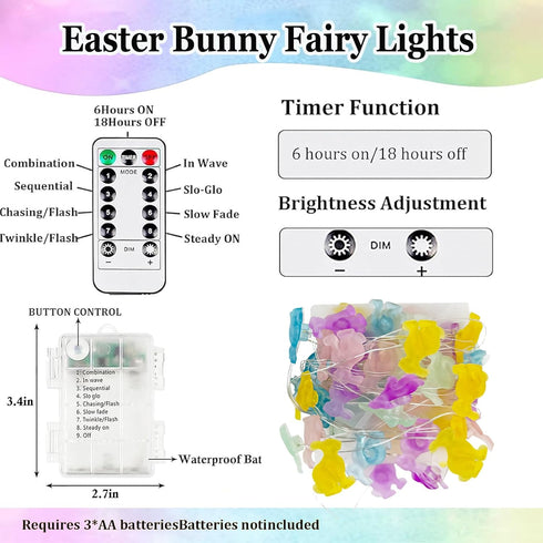 8 EXF Easter Decorations Bunny Pastel Fairy Lights, Battery Operated with Remote & Modes & Timer, Waterproof Easter