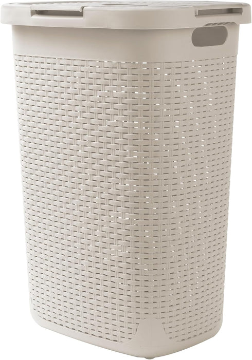 Mind Reader Slim Laundry Hamper with Lid, 60L Wicker Design, 17.65"L x 13.75"W x 24.15"H, Ivory