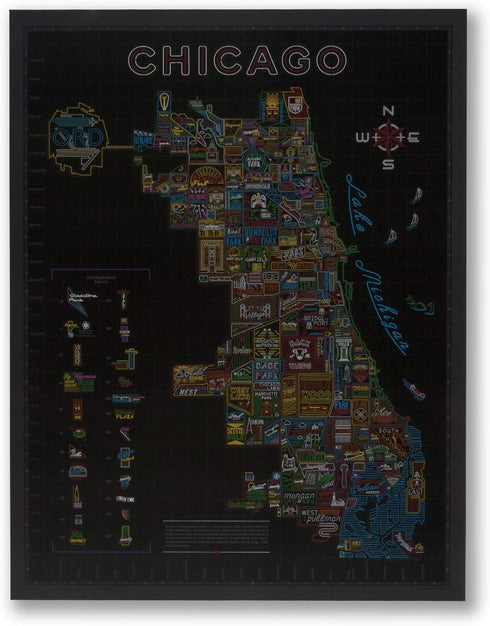 Neon Neighborhood Map of Chicago Poster, Chicago Gift and Wall Art