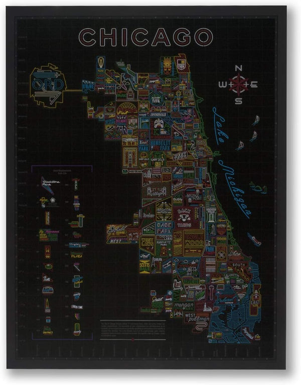 Neon Neighborhood Map of Chicago Poster, Chicago Gift and Wall Art