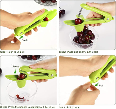 Yun River Cherry and Olive Pitter in Green, Stainless Steel, Easy to Use, Dishwasher Safe