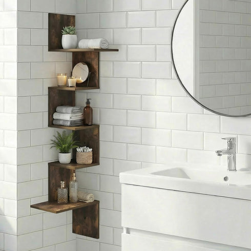 5-Tier Furinno Rossi Corner Floating Shelves for Wall, Corner Rectangular Wall Shelf, S-Shape Radial Floating Book