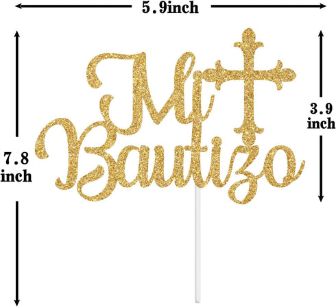 Spanish Mi Bautizo Cake Topper, Baby Shower Party Decor, Gold Glitter for 1st Birthday/Gender Reveal