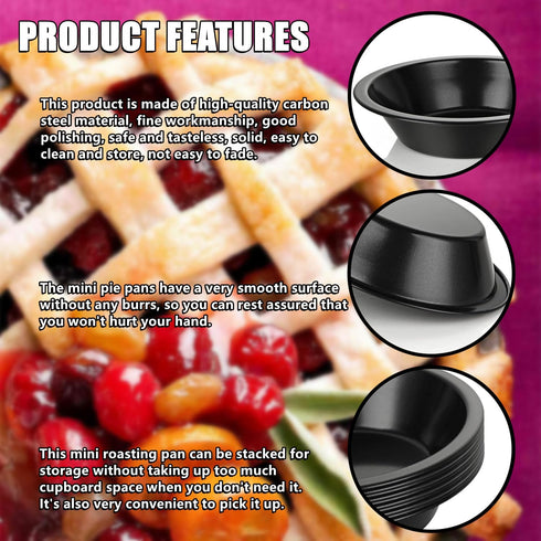 Mini Pie Tins 10 PACK, 4 Inch Nonstick Small Pie Pans, Carbon Steel Individual Tins for Baking Dessert, Oven Safe