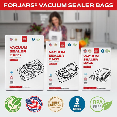 ForJars Vacuum Sealer Bags for Food Storage, 100 Count Pre-Cut Size Bags for Sous Vide Cooking, 8x12
