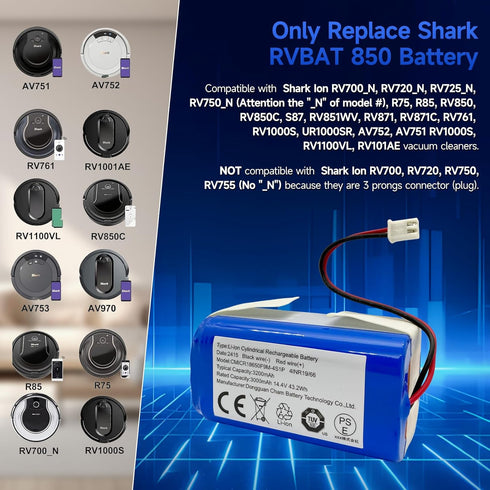 Replacement Shark RVBAT850 Battery for Shark Ion R75, R85, RV850, 3200mAh 14.4v/14.8v (2-Prong connector)