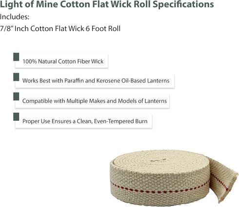 Light of Mine 7/8" Inch 6' Foot 100% Cotton Flat Wick for Paraffin Oil Lanterns and Oil Lamps