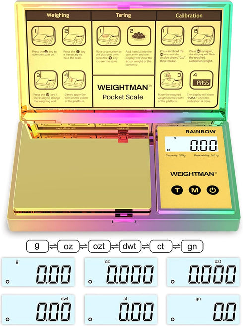 Shiny Digital Gram Scale 200g x 0.01 by WEIGHTMAN, Chrome Rainbow Mini Scale for Food