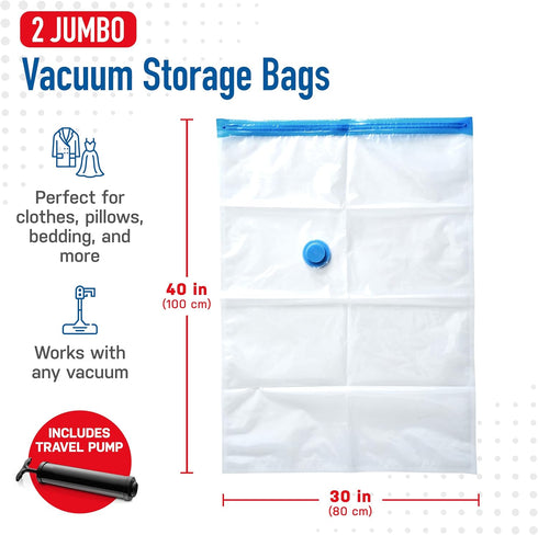 Spacesaver Vacuum Storage Bags, Jumbo 2 Pack for Clothes, Compression Seal for Closet Storage, Pump Included