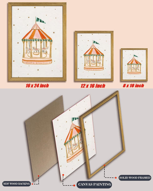 SAMHOU 8x10 Inch Wood Framed Carousel Wall Art, Nursery Wall Decor Paintings for Baby Girl Room, Cute Merry-Go-Round