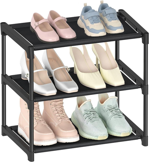 HITHIM 3 Tiers Small Shoe Rack,Narrow Stackable Shoe Shelf Organizer,Sturdy Shoe Stand,
