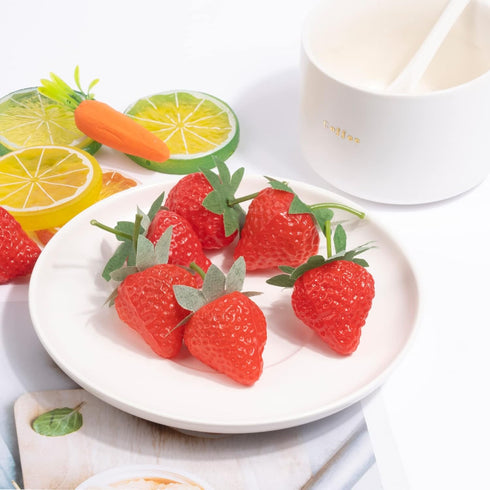 VIDELLY 20 Pieces Artificial Strawberries, Lifelike Red Realistic Plastic Fruit for Kitchen Party Decoration, Photo