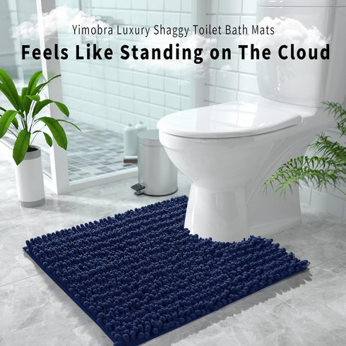 Yimobra Luxury Shaggy U-Shaped Toilet Rug, 24.4 x 24.4 Inches - Soft Non-Slip Bath Carpet, Navy Blue