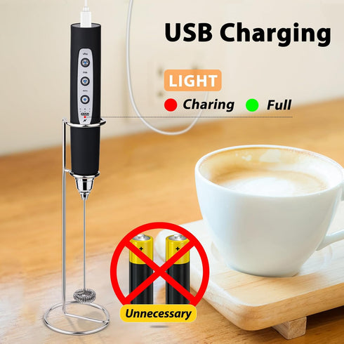 Milk Frother with Stand, Rechargeable Handheld Coffee Frother with 3 Stainless Whisks, Electric Whisk Drink Mixer