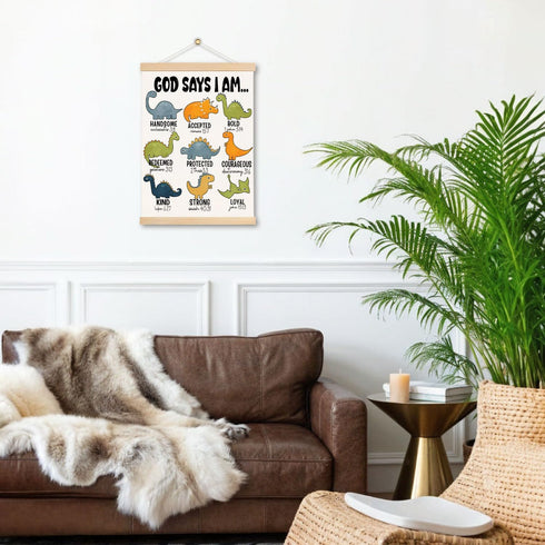 DNEULYR 12x16 Inch Dinosaur Wall Decor, God Says I am Nursery Wall Art With Wooden Poster Hanger, Dinosaur Room Decor